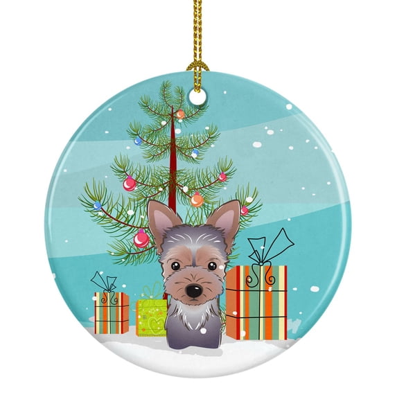 Christmas Tree and Yorkie Puppy Ceramic Ornament