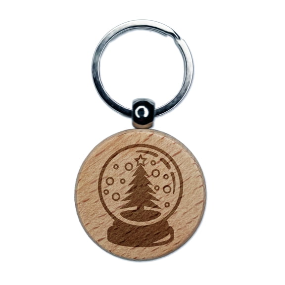 Christmas Tree in Snowglobe Round Keychain Charm Tag - Engraved Wood