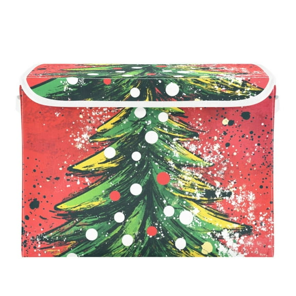Christmas Tree on Red Large Storage Bins with Linen Collapsible Lid Storage Box 16.7 x 12.6 x 11.8in