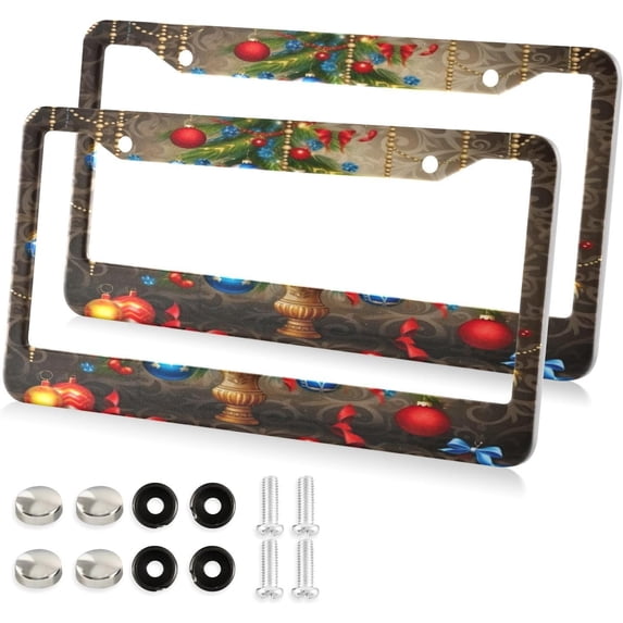 Christmas Tree with Balls License Plate Frame, Aluminum Car Tag Frames, 2 Pack Universal Car License Plate Covers with 2 Holes and Screws Decorative