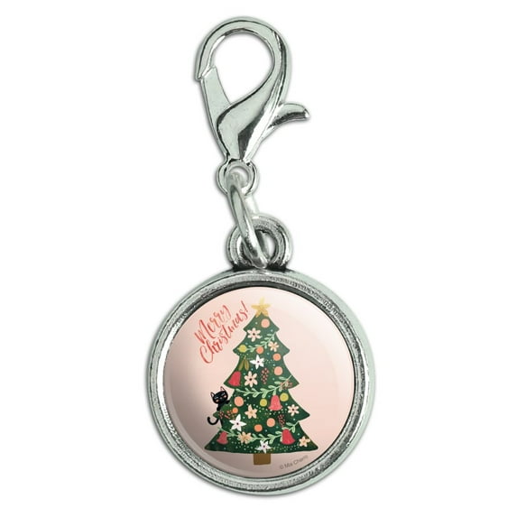 Christmas Tree with Cat Antiqued Bracelet Pendant Zipper Pull Charm with Lobster Clasp