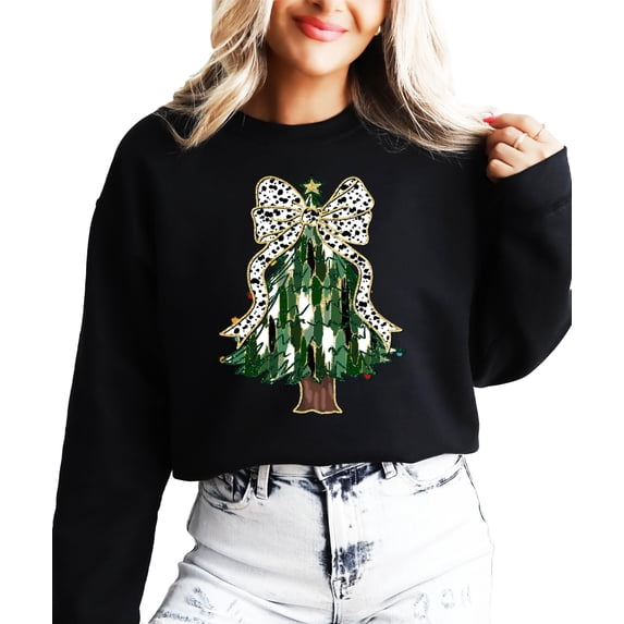 Christmas Tree with Dalmatian Bow and Gold Star Topper Sweatshirt for Women Teens and Kids Black Sweatshirt Adult Large