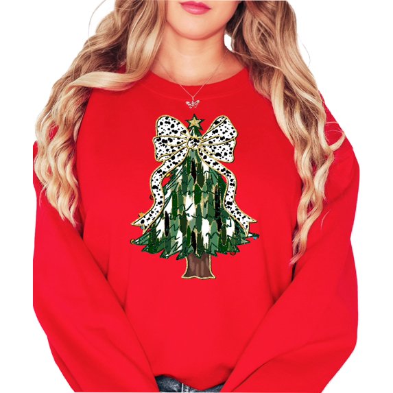 Christmas Tree with Dalmatian Bow and Gold Star Topper Sweatshirt for Women Teens and Kids Red Sweatshirt Adult Large