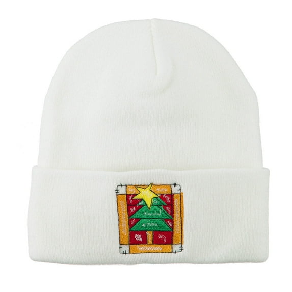 Christmas Tree with Frame Embroidered Beanie - White OSFM