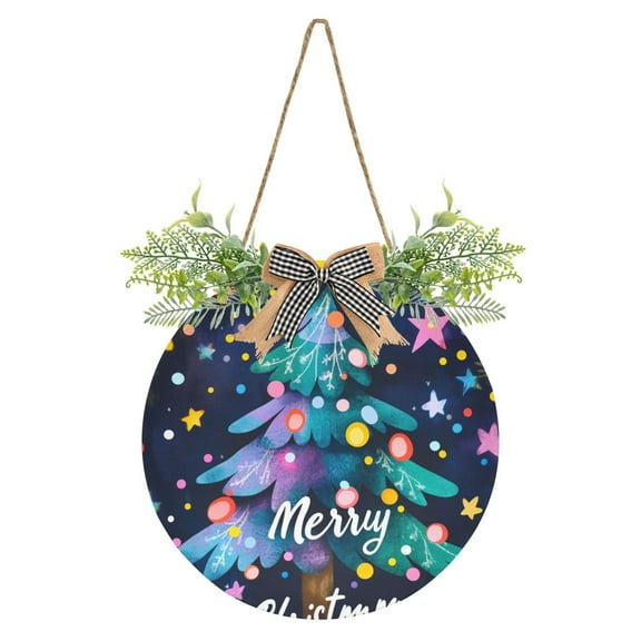 Christmas Tree with Lights Front Door Porch Decoration Hanging Sign with Artificial Green Plants and Bow for Home Outdoor Indoor