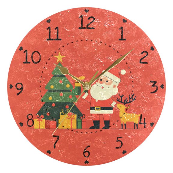 Christmas Tree with Presents Santa Elk Round Wall Clock Silent Analog Battery Operated Gold Pointer Home Decor 9.84" Diameter