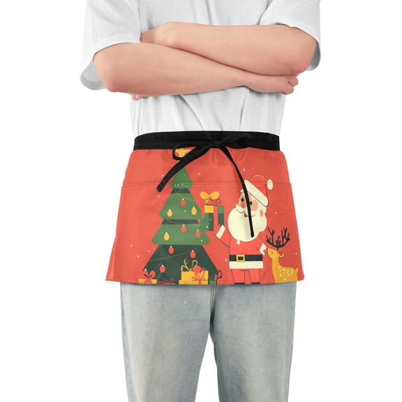 Christmas Tree with Presents Santa Elk Short Server Apron with 3 Pockets for Unisex Chef Gardening