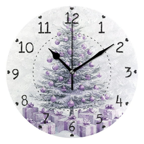 Christmas Tree with Purple Lights Presents Round Wall Clock Silent Analog Battery Operated Black Pointer Home Decor 9.84" Diameter