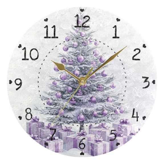 Christmas Tree with Purple Lights Presents Round Wall Clock Silent Analog Battery Operated Gold Pointer Home Decor 9.84" Diameter