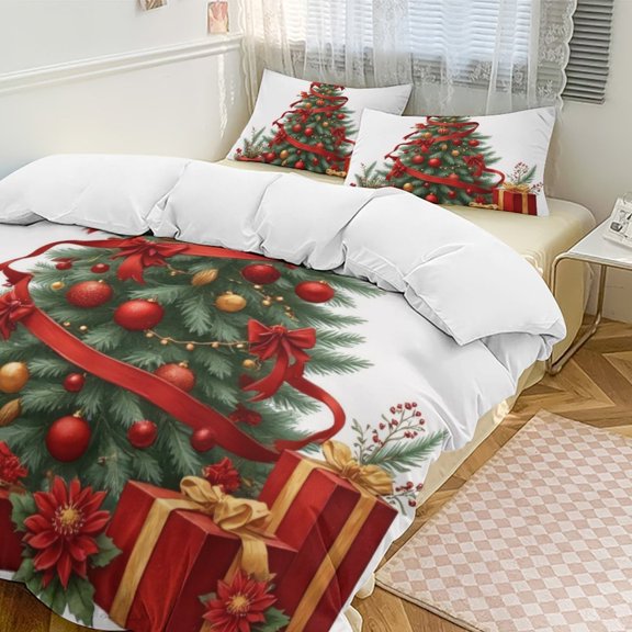Christmas Tree with Red Ornaments Duvet Cover Set Bedding Set Polyester Quilt Cover for Bedroom Decoration