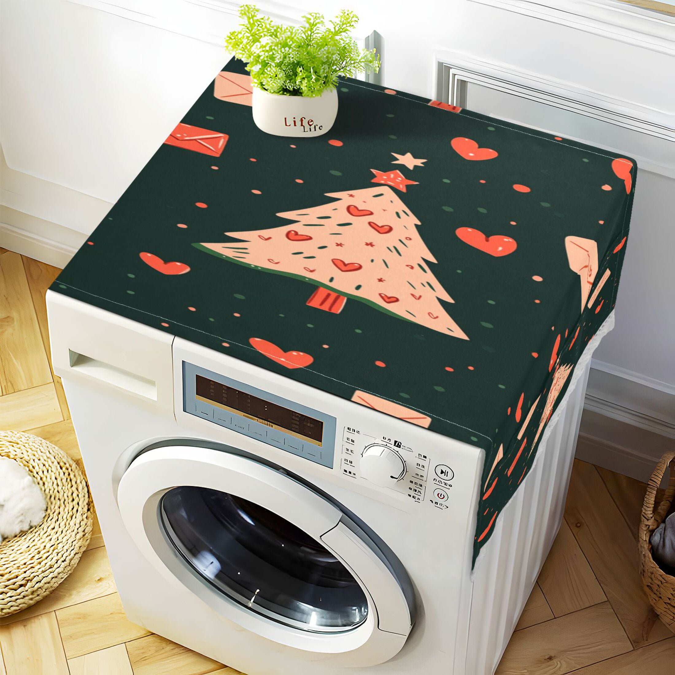 Christmas TreeWasher and Dryer Covers Dust-Proof and Oil Resistant Fridge Cover with 4 Storage Pockets Washing Machine Top Cover for Laundry Kitchen Home 51.2 x 22 In