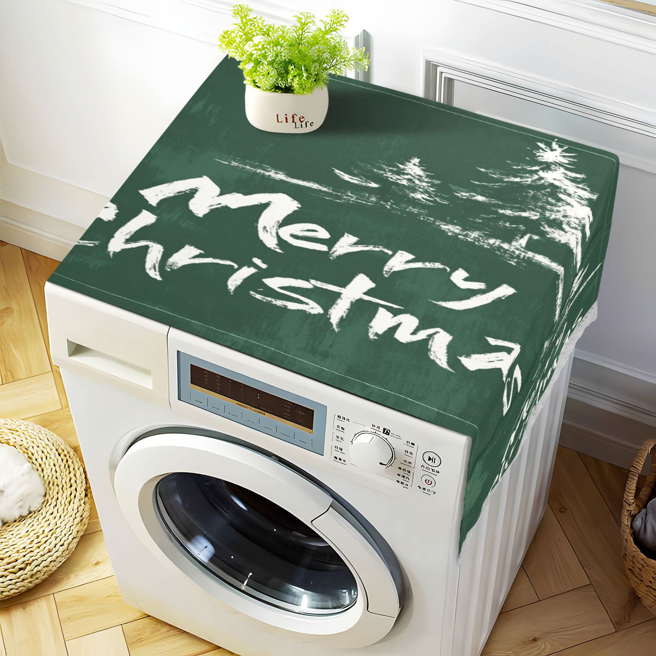 Christmas TreeWasher and Dryer Covers Dust-Proof and Oil Resistant Fridge Cover with 4 Storage Pockets Washing Machine Top Cover for Laundry Kitchen Home 51.2 x 22 In