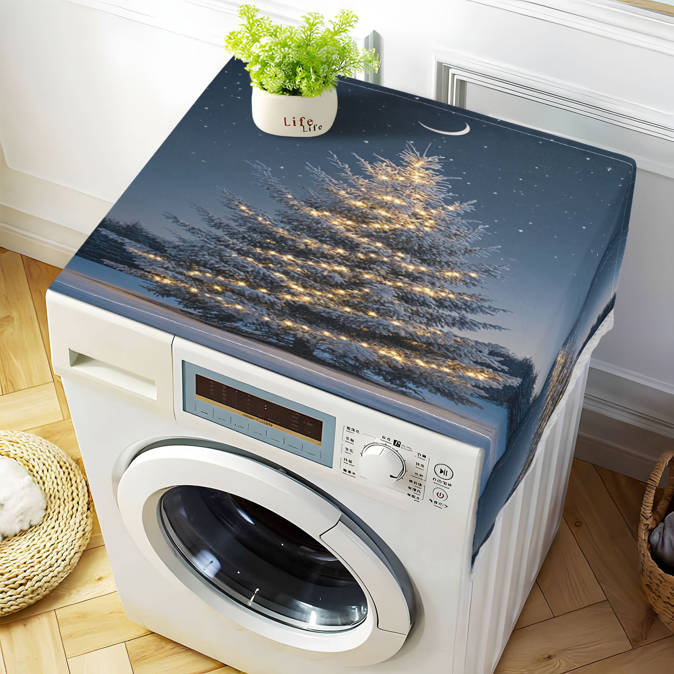 Christmas TreeWasher and Dryer Covers Dust-Proof and Oil Resistant Fridge Cover with 4 Storage Pockets Washing Machine Top Cover for Laundry Kitchen Home 51.2 x 22 In