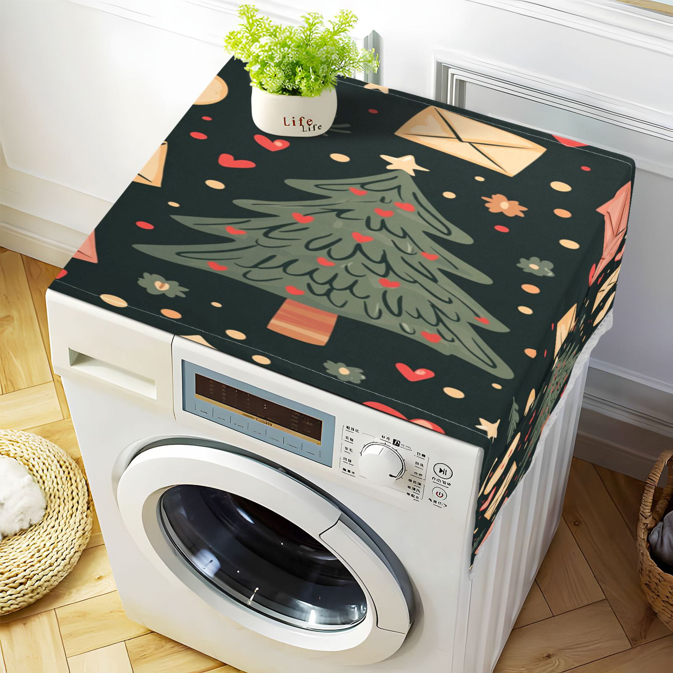 Christmas TreeWasher and Dryer Covers Dust-Proof and Oil Resistant Fridge Cover with 4 Storage Pockets Washing Machine Top Cover for Laundry Kitchen Home 51.2 x 22 In