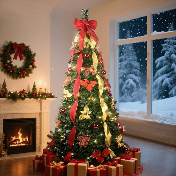 RAYOCON 7.5FT Pre-Lit Pop-Up Christmas Tree with 200 Warm Lights, Fully Decorated Red & Gold Ornaments, Easy Assembly Collapsible Holiday Decor