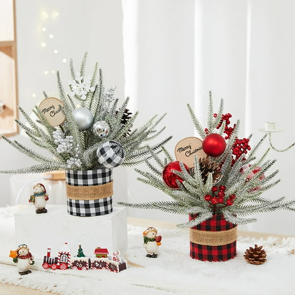 Christmas Trees 13.78inch Artificial Small Christmas Trees Falling Snow Potted Snow Flocked Pine Needle White Berry Red Ornaments Decorative Holiday Tree Tabletop Xmas Centerpiece Decor