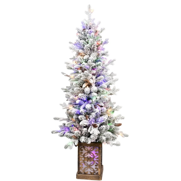Christmas Tree 4FT Flocked Christmas Tree with Multicolour LED Lights, 396 Tips, Glitter Base, 100 Lights, PE/PVC Tips with Pine Cones – Light-Up Colorful Basin, Easy Assembly Holiday Decor,Flocked C