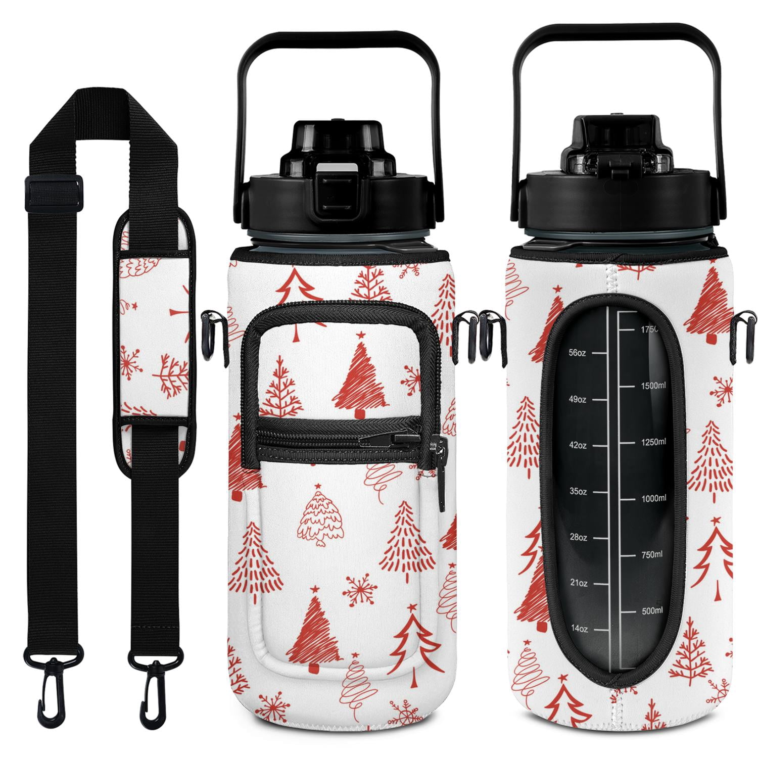 Christmas Trees 64 Oz Half Gallon Water Bottle with Sleeve - BPA Free Leakproof Sport Large Plastic Water Bottle with Straw&Time Marker & Insulated Neoprene Holder Carrier Bag Gift for Women Men