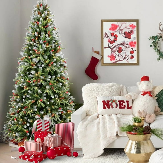 Christmas Trees 6FT Christmas Tree with 350 Warm White LED Lights – 1593 Snow-Tipped PE+PVC Branches, Red Berries & Pine Cones, Hinged Design, Stable Metal Stand – Realistic Holiday Decoration,Artifi