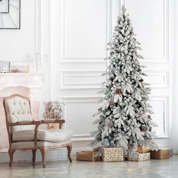 Christmas Tree 8 FT Flocked PE/PVC Christmas Tree with 44 Natural Pine Cones – 1634Tips, Space-Saving Design, Hinged Branches, Stable Metal Stand, Realistic Snowy Look,Flocked Christmas Tree