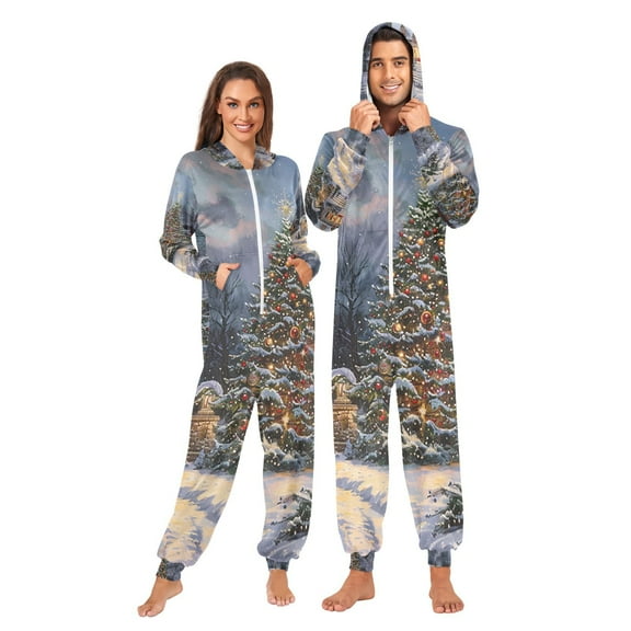 Christmas Trees Adult Onesie Pajamas Slim Fit Christmas One Piece Suit Pjs for Women and Men Hooded Zipper