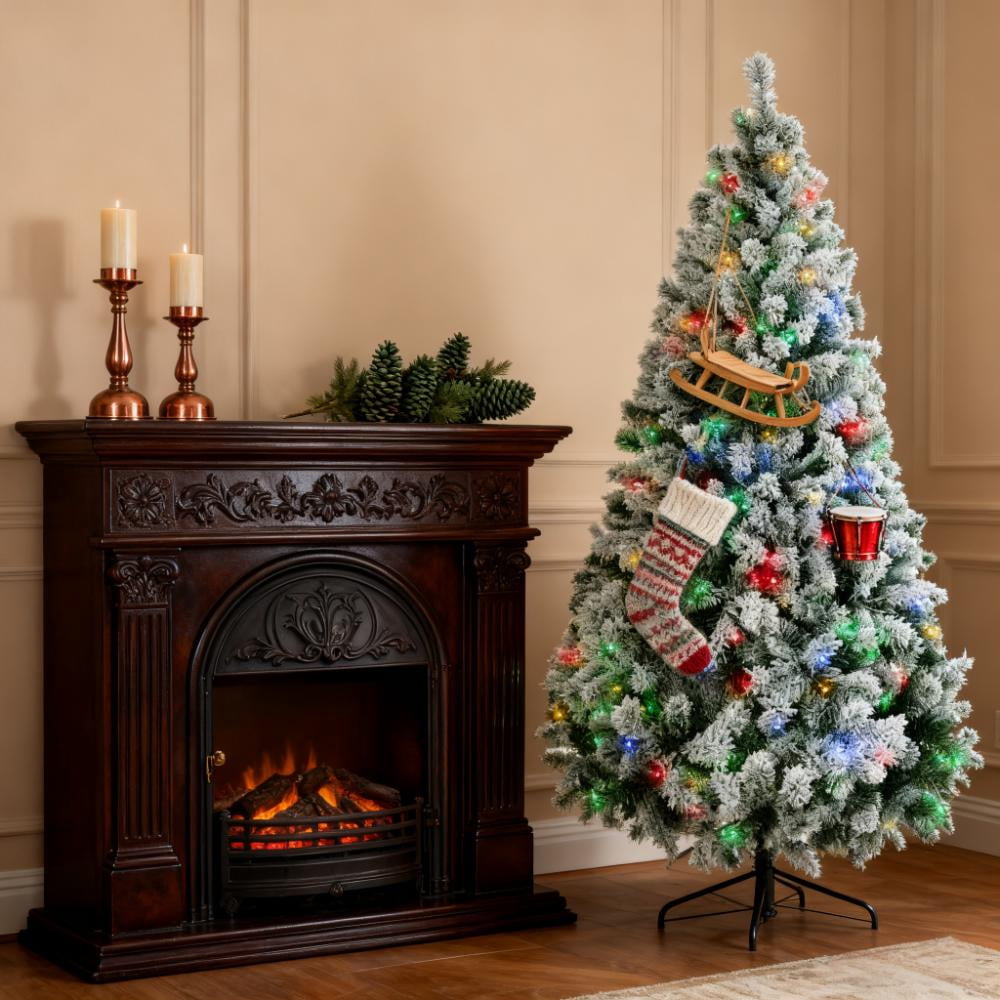 Christmas Trees, Artificial Snow Christmas Trees with Frosted Branches, Warm White or Colorful LED Lights, Steel Base
