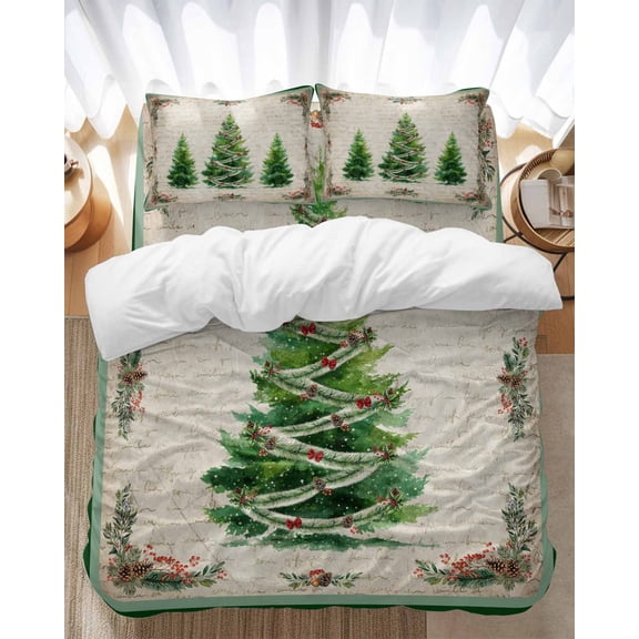 Christmas Trees Bedding Duvet Cover Set Full Size 4 Pieces Vintage Green Tree Red Bow Retro Letter Bedding Set with Zipper Closure, 1 Comforter Cover 86x86 Inches 1 Flat Sheet & 2 Pillow Cases