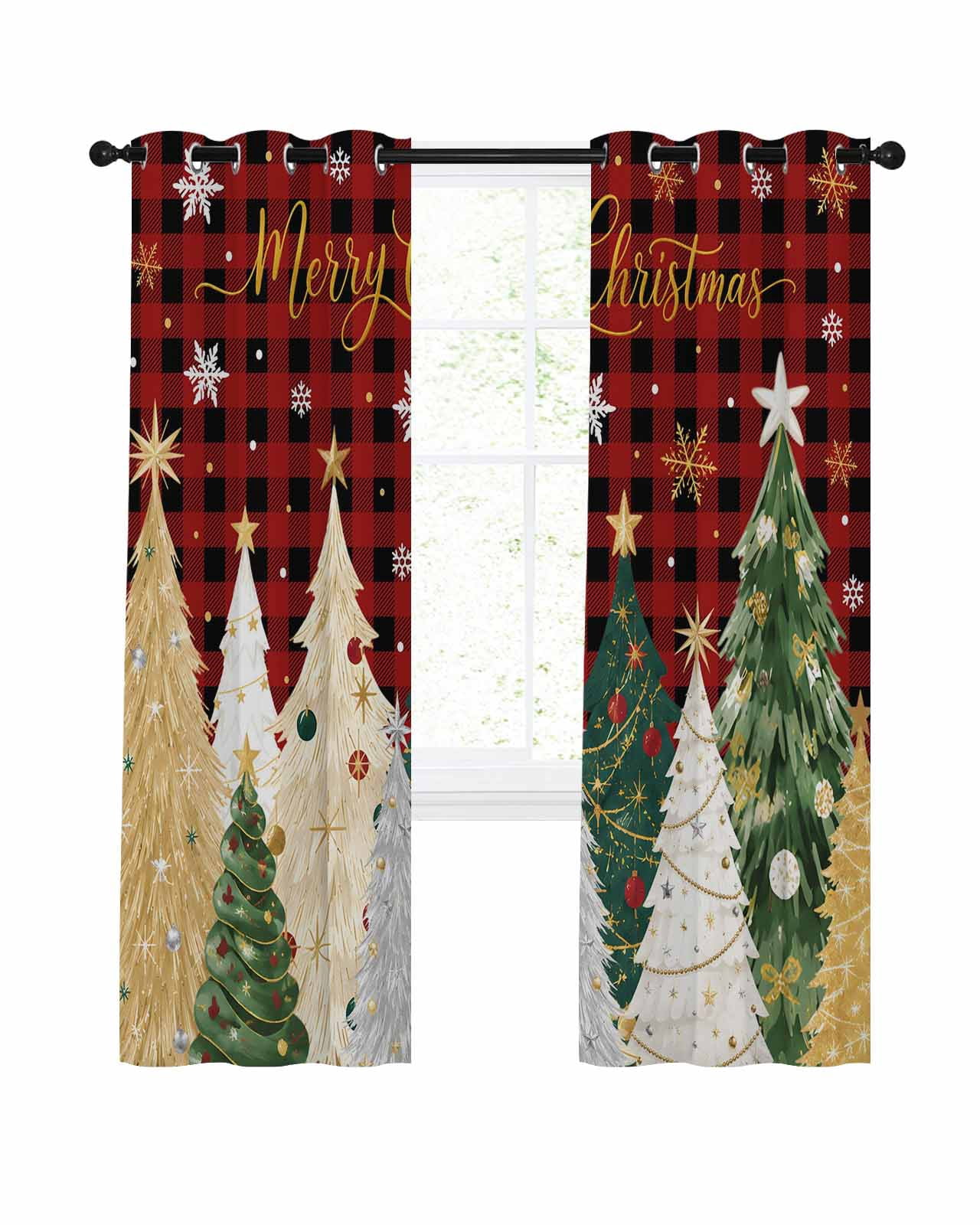 Christmas Trees Blackout Curtains 84 Inches Length, Gold Green Xmas