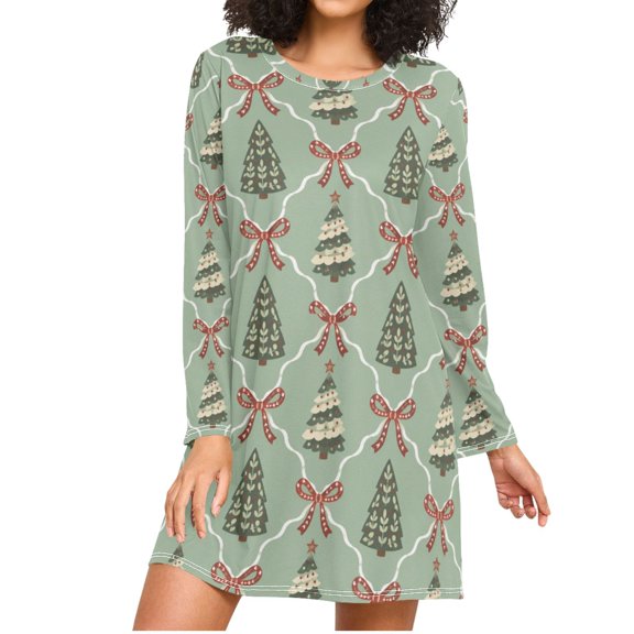 Christmas Trees Bows Ribbons Women's Long Sleeves Nightgowns Sleepwear Soft Pajama A-line Sleep Dress XXL