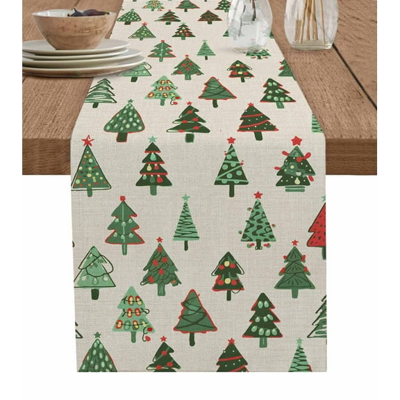 Christmas Trees Burlap Cotton Table Runner 13x36 Inches Short, Winter Farmhouse Retro Beige Rustic Farmhouse Table Runners, Outdoor Dining Tablecloths Decor for Baby Shower/Party/Wedding