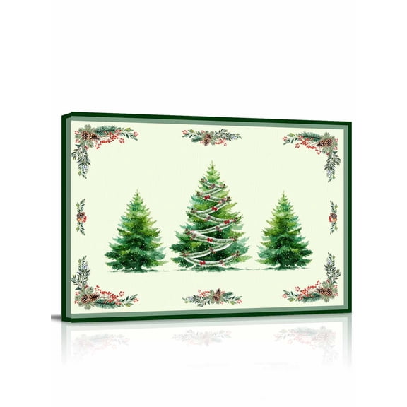 Christmas Trees Canvas Print Wall Art Xmas Red Bow Pine Cones Leaf Winter Pictures Painting Morden Artwork for Living Room Bedroom, Ready to Hang - 12"x16"
