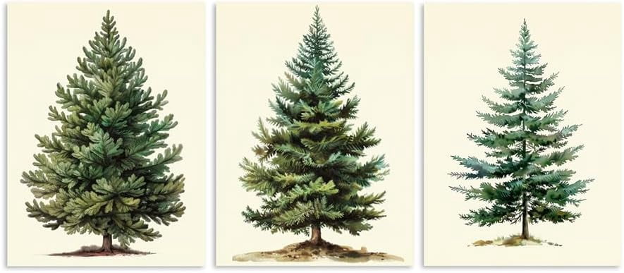 Christmas Trees Canvas Wall Art - Set of 3 Framed 12 X 16 Inch Netural Vintage Christmas Trees Picture Earth Tones Green Christmas Painting Wall Decor Art Print for Holiday Living Room Bedroom Office