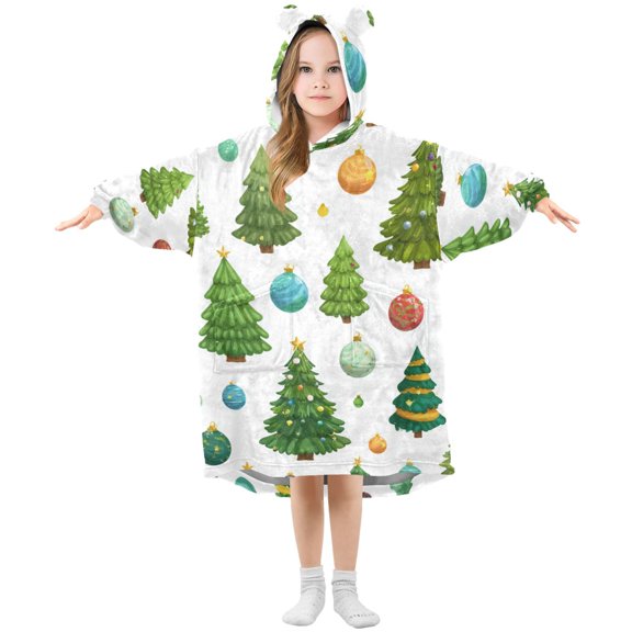 Christmas Trees Cartoon Multicolor Lights Flannel Wearable Blankets Hooded Design Long Sleeves Wrap Unisex for 3T-14Y S