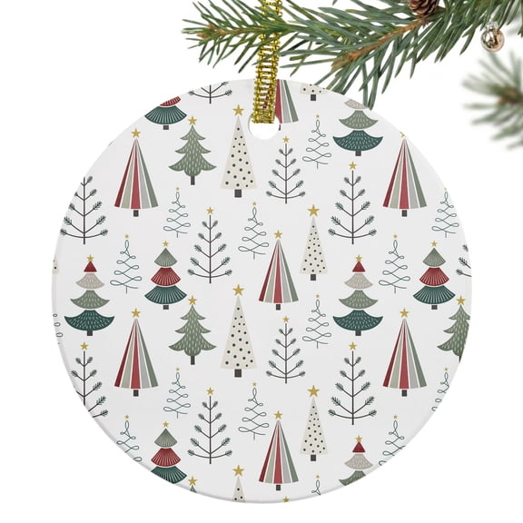 Christmas Trees Ceramic Ornament 3 Inch Green Xmas Pine Tree Star Toppers Minimalist Round Porcelain Christmas Ornaments with Gold String for Holiday Party Xmas Tree Decor Gift for Friends Family