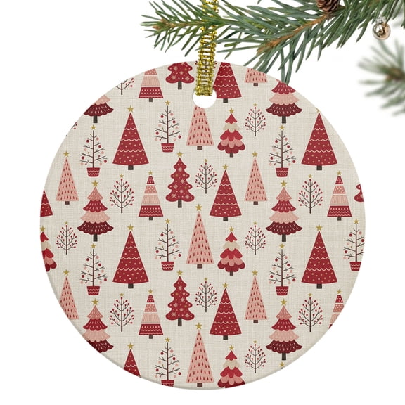 Christmas Trees Ceramic Ornament 3 Inch Red Xmas Pine Tree Star Toppers Linen Texture Round Porcelain Christmas Ornaments with Gold String for Holiday Party Xmas Tree Decor Gift for Friends Family