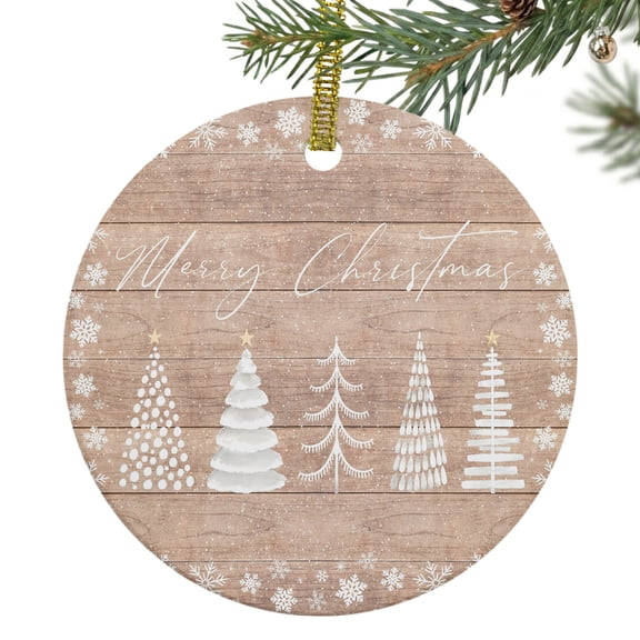 Christmas Trees Ceramic Ornament 3 Inch White Star Toppers Xmas Tree Snow Brown Wood Grain Round Porcelain Christmas Ornaments with Gold String for Holiday Party Xmas Tree Decor Gift for Family