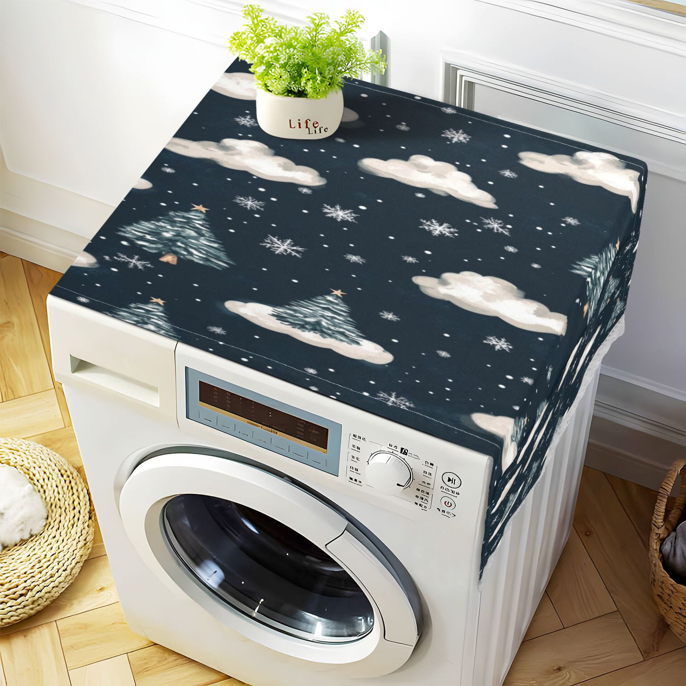 Christmas Trees and CloudWasher and Dryer Covers Dust-Proof and Oil Resistant Fridge Cover with 4 Storage Pockets Washing Machine Top Cover for Laundry Kitchen Home 51.2 x 22 In