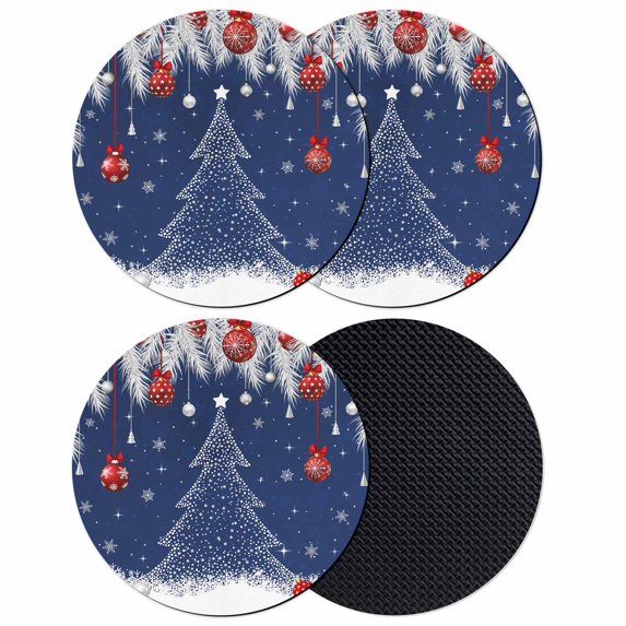 Christmas Trees Coasters Set of 4, Absorbent Coasters for Drinks, Navy Blue Winter Snowflakes Xmas Balls Coaster for Desk Coffee Table Protection, Home Decor House Warming Gifts 4"