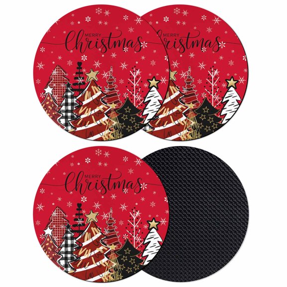 Christmas Trees Coasters Set of 4, Absorbent Coasters for Drinks, Red Xmas Pine Tree Snowflake Plaid Coaster for Desk Coffee Table Protection, Home Decor House Warming Gifts 4"
