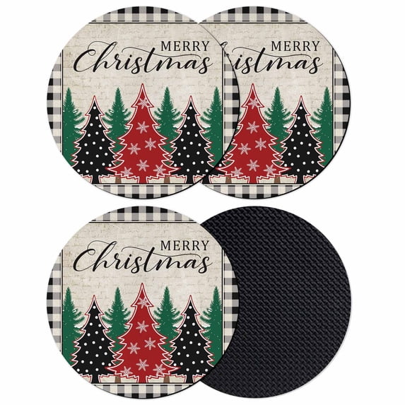 Christmas Trees Coasters Set of 4, Absorbent Coasters for Drinks, Xmas Snowflake Retro Black White Checkered Coaster for Desk Coffee Table Protection, Home Decor House Warming Gifts 4"