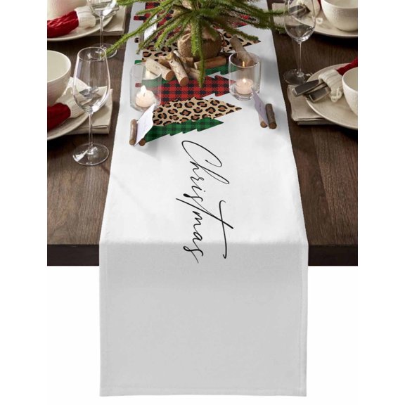 Christmas Trees Cotton Linen Table Runner for Dining Kitchen, Xmas Winter Leopard Printed Plaid Pine Wedding Outdoor Party Tablerunners Decoration, Dresser Scarf Coffee Tablecloth Runners 13"x70"