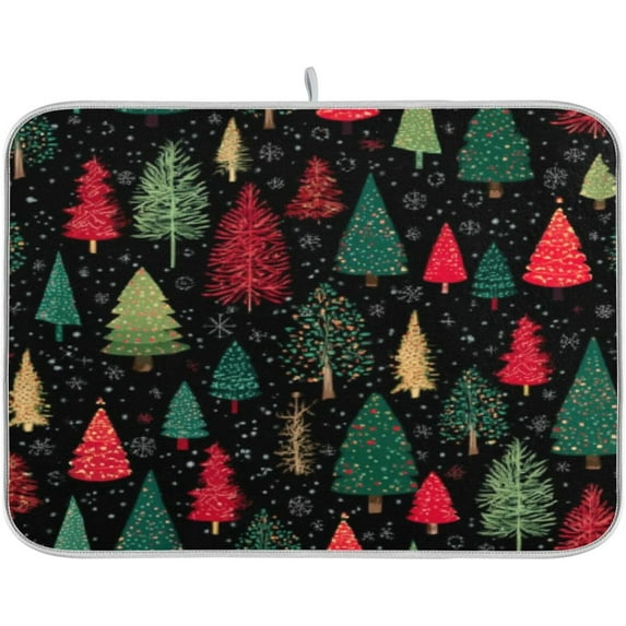Christmas Trees in Dark Green and Red Colors Dish Drying Mat Kitchen Counter Mat Draining Mat Kitchen Accessories Dish Rack Pad for Dishes, Utensils, Countertops, Sinks 16x18in