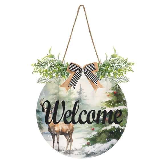 Christmas Trees Deer Snow Welcome Sign for Front Door Wreath Door Sign for Farmhouse Porch Decoration Indoor Outdoor