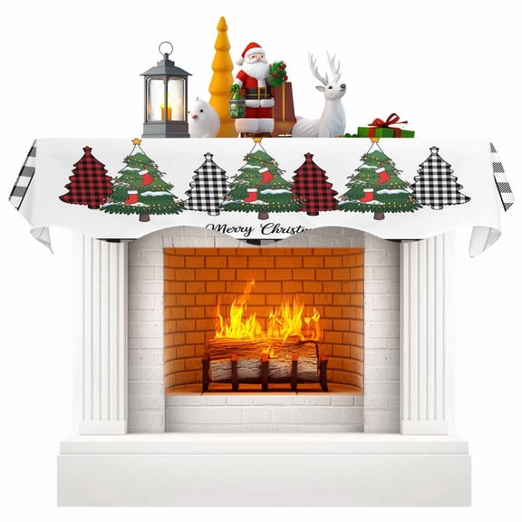 Christmas Trees Fireplace Mantel Scarf Table Runner, Xmas Winter Plaid Pine Wooden Grain Black Winter Garland Mantel Top Tablerunners Dresser Scarves Cover Decorations for Party Living Room 70"x17"