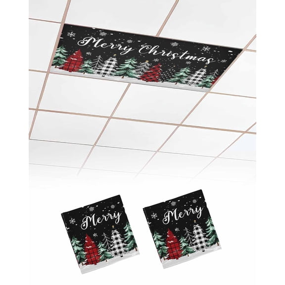 Christmas Trees Fluorescent Light Covers for Ceiling Lights 4x2 feet,2 Pack Magnetic Light Filters for Classroom,Black Xmas Tree Snowflakes Winter Fluorescent Light Shade Panel for Office School