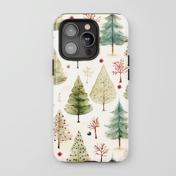Christmas Trees For All iPhone Series Tough Phone Case Watercolor Winter Theme Cream