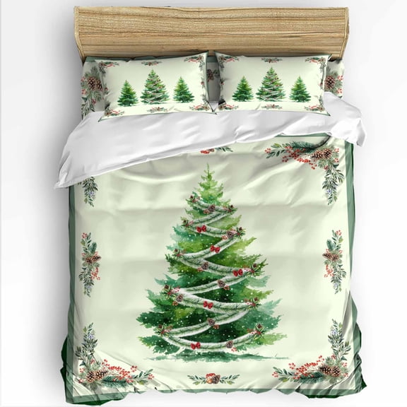 Christmas Trees Full Size Comforter Set, Xmas Red Bow Pine Cones Leaf Beige Soft Bedding for All Seasons, 4 Pcs Bed Set with 1Comforter (86"x86") ,1 Sheet(80"x116"), 2 Pillowcases (19"x29")