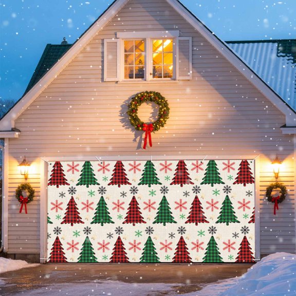 Christmas Trees Garage Door Banner Covers, Red Green Black Plaid Snowflakes Linen Texture Large Hanging Indoor/Outdoor Backdrop Background for Christmas Winter Party Decor, 6x13 FT