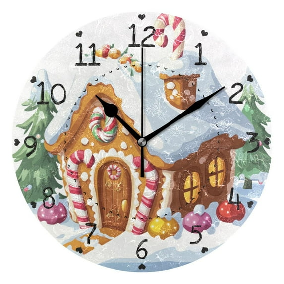 Christmas Trees Gingerbread Cottage Cute Round Wall Clock Silent Analog Battery Operated Black Pointer Home Decor 9.84" Diameter