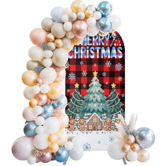 Christmas Trees Gingerbread Man Red Plaid Wedding Arch Cover 5FT Arch Backdrop Cover Round Top Chiara Backdrop Stand Covers for Party Birthday Ceremony Decor